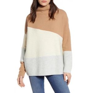 French Connection Patchwork Roll Neck Sweater Colorblock Tan Cream Grey